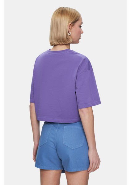 Indıana Gök Mavi Bisiklet Yaka Crop Baskılı Loose Fit Kadın Tshirt fırsatları