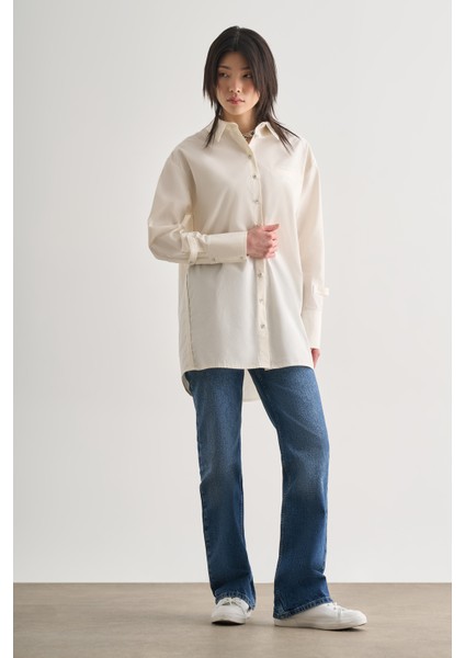 Premium Saf Pamuk Kol Manşet Detaylı Ekru Uzun Gömlek