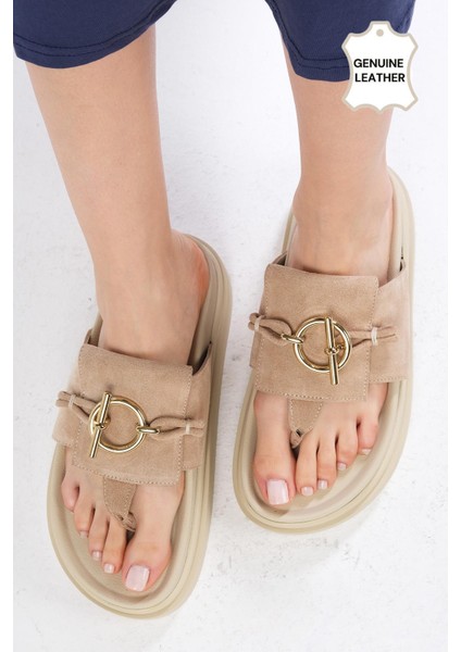 Alison Hakiki Süet Bej Renk Platform Tabanlı Parmak Arası Kadın Terlik