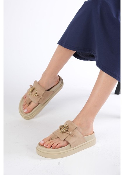 Alison Hakiki Süet Bej Renk Platform Tabanlı Parmak Arası Kadın Terlik fiyatları