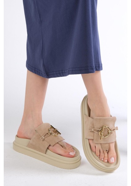 Alison Hakiki Süet Bej Renk Platform Tabanlı Parmak Arası Kadın Terlik modelleri