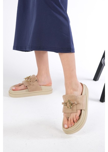 Alison Hakiki Süet Bej Renk Platform Tabanlı Parmak Arası Kadın Terlik fırsatları