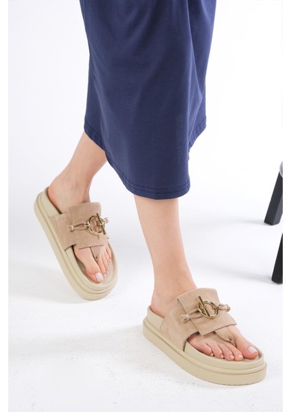 Alison Hakiki Süet Bej Renk Platform Tabanlı Parmak Arası Kadın Terlik indirimleri