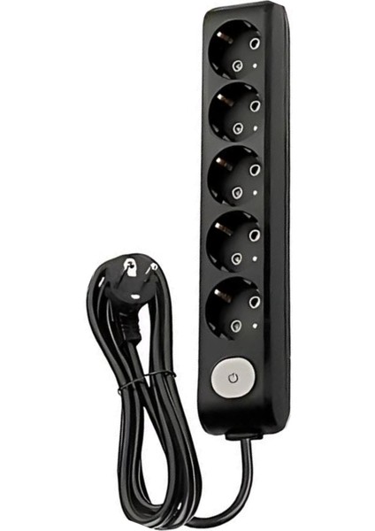 | Beşli Grup Priz, Anahtarlı Topraklı - Çocuk Korumalı Çoğaltıcı Priz, 5'li, 1 M, Siyah