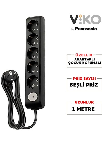 | Beşli Grup Priz, Anahtarlı Topraklı - Çocuk Korumalı Çoğaltıcı Priz, 5'li, 1 M, Siyah fiyatları