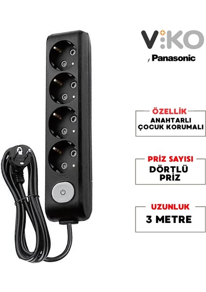 | Dörtlü Grup Priz, Anahtarlı Topraklı - Çocuk Korumalı Çoğaltıcı Priz , 4'lü, 3 M, Siyah fiyatları