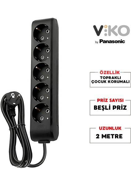 | Beşli Grup Priz, Topraklı - Çocuk Korumalı Çoğaltıcı Priz, 5'li, 2 M, Siyah