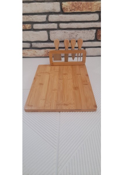 Luxury Bambu Peynir Sunum Kesim Tahtası ve Çatal Mini Spatula ve Bıçak Seti 5 Parçadan Olışmaktadır 1 Adet