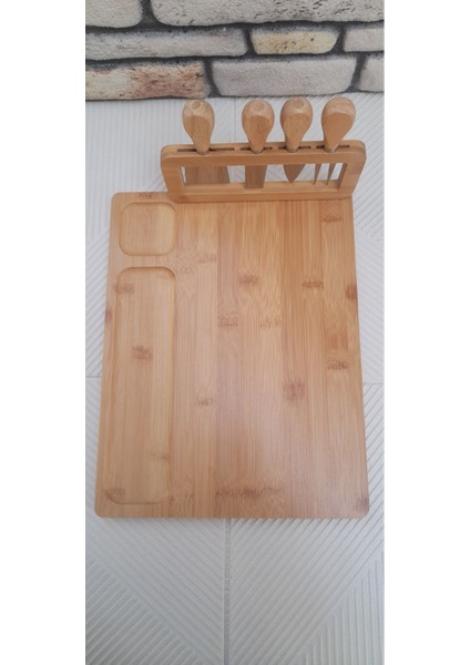 Luxury Bambu Peynir Sunum Kesim Tahtası ve Çatal Mini Spatula ve Bıçak Seti 5 Parçadan Olışmaktadır 1 Adet