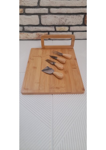 Luxury Bambu Peynir Sunum Kesim Tahtası ve Çatal Mini Spatula ve Bıçak Seti 5 Parçadan Olışmaktadır 1 Adet