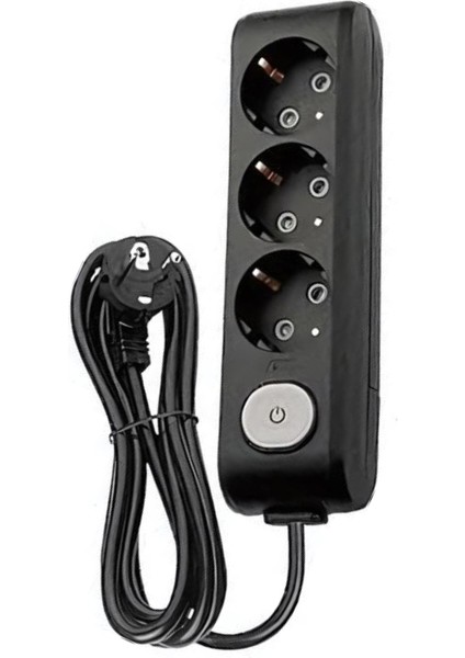 | Üçlü Grup Priz, Anahtarlı Topraklı - Çocuk Korumalı Çoğaltıcı Priz, 3'lü, 2 M, Siyah