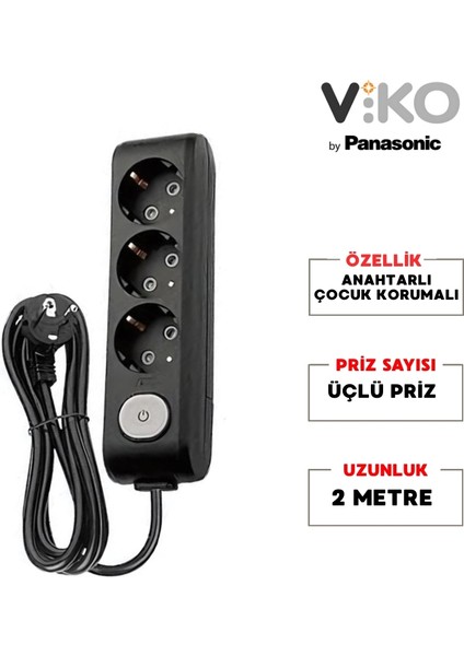 | Üçlü Grup Priz, Anahtarlı Topraklı - Çocuk Korumalı Çoğaltıcı Priz, 3'lü, 2 M, Siyah fiyatları