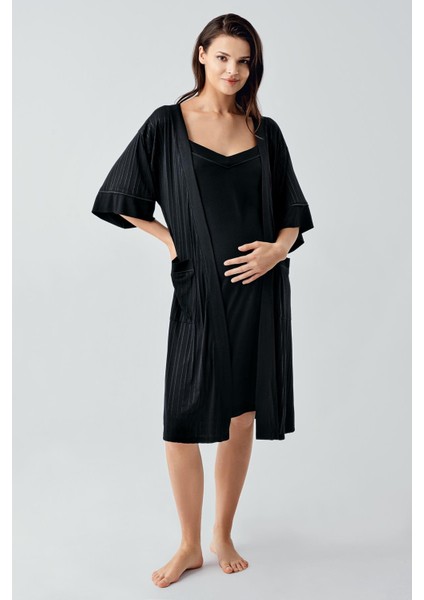 Askılı Esnek Viskoz Hamile Sabahlık Gecelik Takım 17401