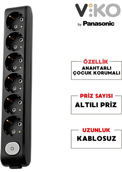 Altılı Grup Priz Anahtarlı Topraklı - Çocuk Korumalı Çoğaltıcı Priz 6'lı Kablosuz Siyah