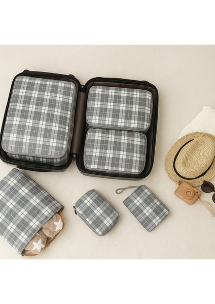 6'lı Gri Kare Ekose Desenli Valiz Bavul Içi Düzenleyici Seti Seyahat Hurcu Çanta Makyaj Organizer Seti