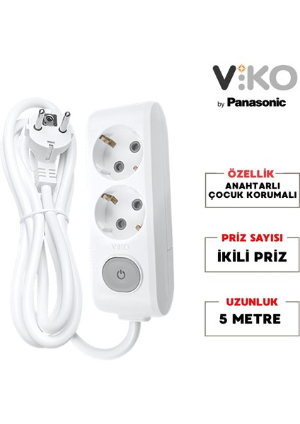 İkili Grup Priz Anahtarlı Topraklı - Çocuk Korumalı Çoğaltıcı Priz 2'li 5 m Beyaz fiyatları