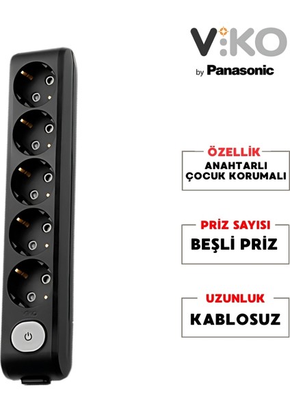 | Beşli Grup Priz, Anahtarlı Topraklı - Çocuk Korumalı Çoğaltıcı Priz, 5'li, Kablosuz, Siyah