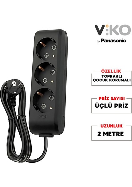 | Üçlü Grup Priz, Topraklı - Çocuk Korumalı Çoğaltıcı Priz, 3'lü, 2 M, Siyah