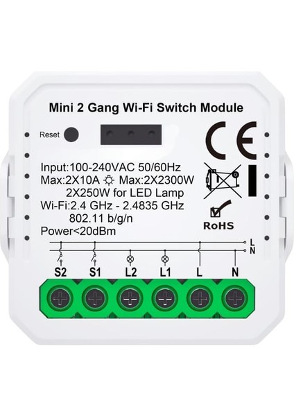 Tuya Uyumlu Akıllı Anahtar Modülü, Çift Çıkışlı, Anahtar Girişli, 2X10A - 220V Röle, Google Asistan ve Alexa Destekli
