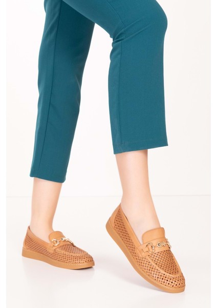 Kadın Deri Yazlı Lazer Delikli Şık Loafer ANL.2999 - Taba - 40