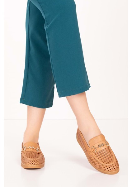 Kadın Deri Yazlı Lazer Delikli Şık Loafer ANL.2999 - Taba - 40