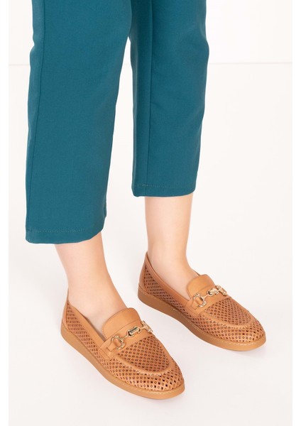 Kadın Deri Yazlı Lazer Delikli Şık Loafer ANL.2999 - Taba - 41