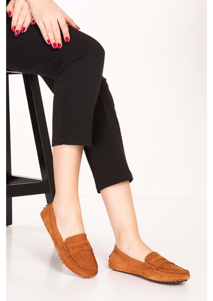 Kadın Deri Hafif Taban Loafer Ayakkabı TX.4793 - Taba Süet - 41