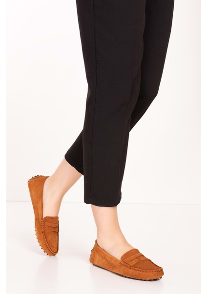 Kadın Deri Hafif Taban Loafer Ayakkabı TX.4793 - Taba Süet - 41