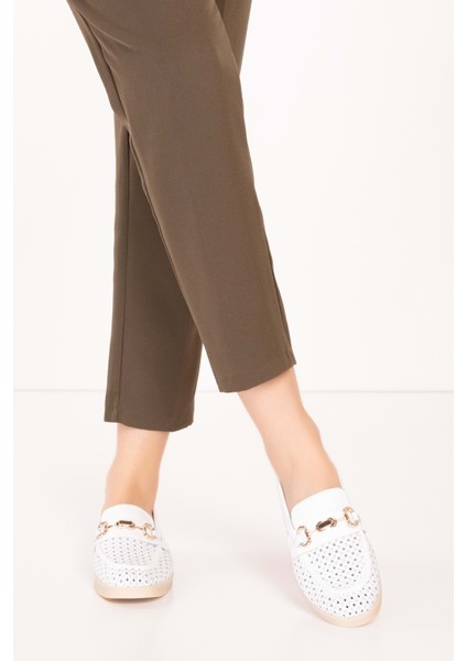 Kadın Deri Yazlı Lazer Delikli Şık Loafer ANL.2999 - Beyaz - 39 fırsatları