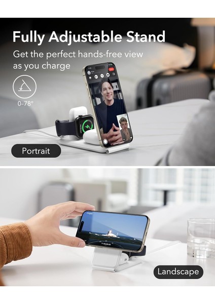 Seyahat Şarj Standı Halolock 3 In 1 iPhone + Airpods + Apple Watch Magsafe Deri - Beyaz ( Apple Mfm Lisans ) + ( 20W Şarj Adaptör ile Gelir )