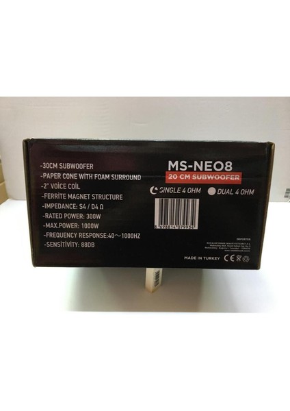 Ms-Neo8 20 cm Subwoofer Bas 1000 Watt Maximum Power 300 Watt Rms Power Adet Fiyatıdır