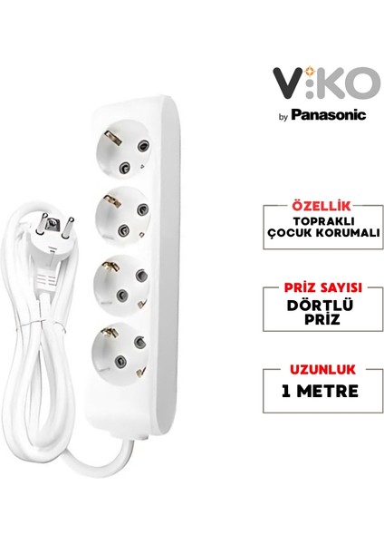 Dörtlü Grup Priz Topraklı - Çocuk Korumalı Çoğaltıcı Priz 4'lü 1 m Beyaz fiyatları