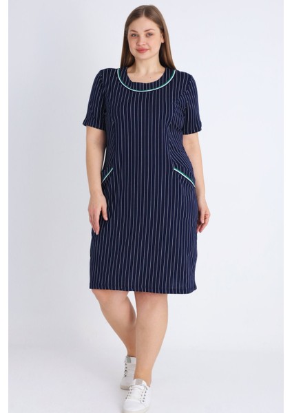 Kadın Lacivert Kısa Kollu Biyel Büyük Beden Pamuklu Elbise