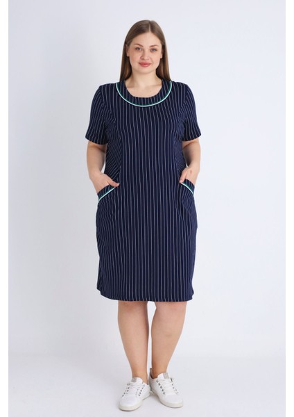 Kadın Lacivert Kısa Kollu Biyel Büyük Beden Pamuklu Elbise fiyatları