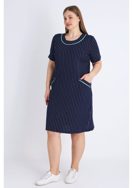 Kadın Lacivert Kısa Kollu Biyel Büyük Beden Pamuklu Elbise modelleri