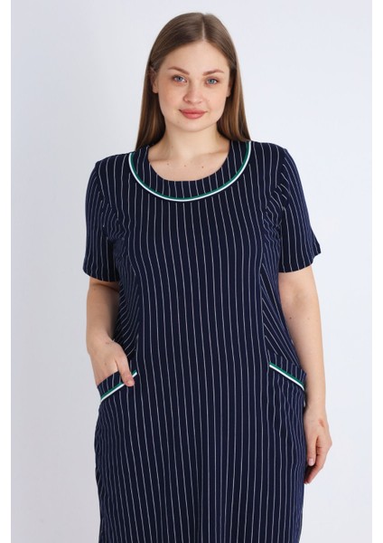 Kadın Lacivert Kısa Kollu Biyel Büyük Beden Pamuklu Elbise fırsatları