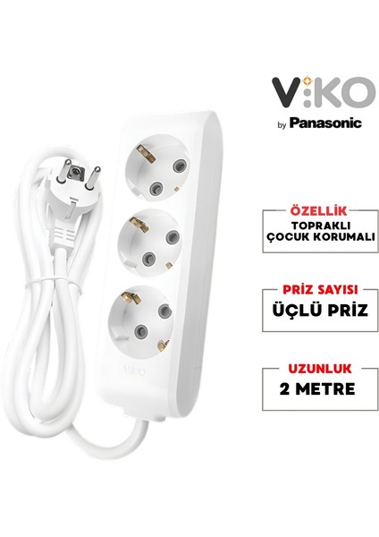 | Üçlü Grup Priz, Topraklı - Çocuk Korumalı Çoğaltıcı Priz [Üçlü, 2 Metre, Beyaz]