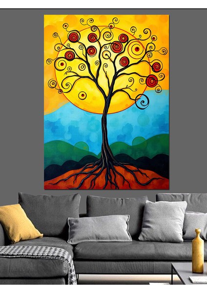 Sarı Ağaç ve Güneş Dekoratif Kanvas - Mdf Ahşap Tablo