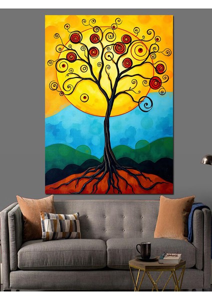Sarı Ağaç ve Güneş Dekoratif Kanvas - Mdf Ahşap Tablo fiyatları