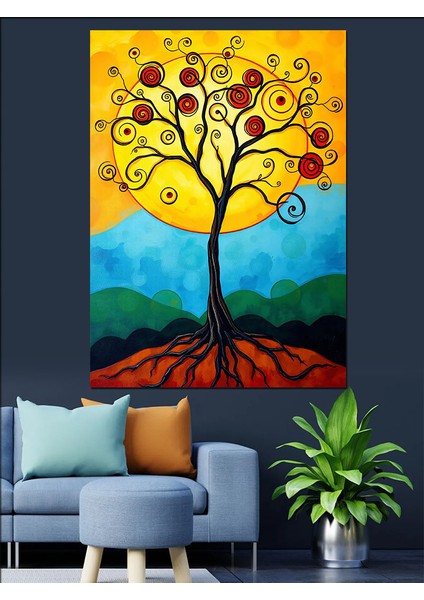 Sarı Ağaç ve Güneş Dekoratif Kanvas - Mdf Ahşap Tablo modelleri