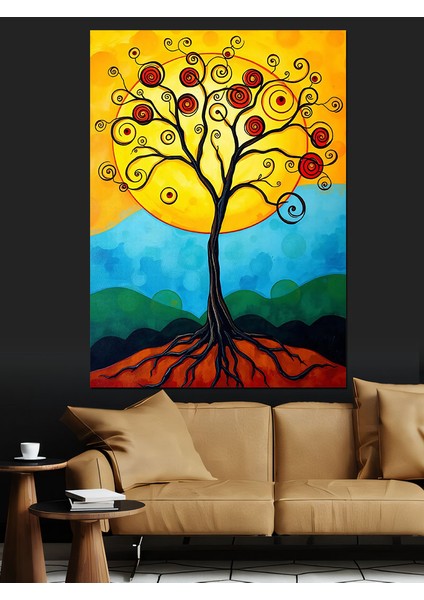 Sarı Ağaç ve Güneş Dekoratif Kanvas - Mdf Ahşap Tablo fırsatları