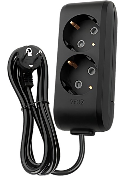 | İkili Grup Priz, Topraklı - Çocuk Korumalı Çoğaltıcı Priz [İkili, 2 Metre, Siyah]