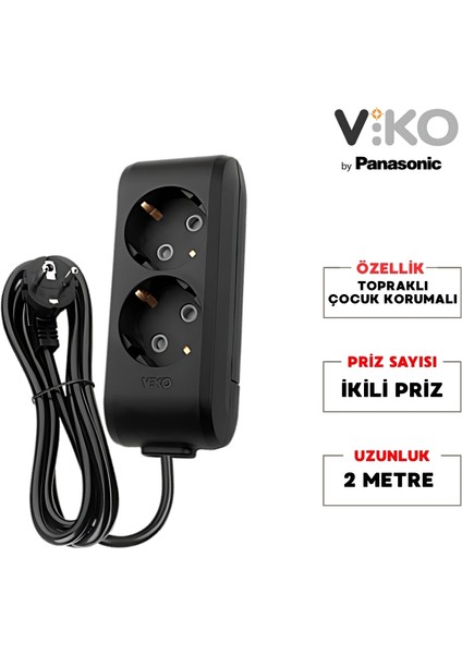 | İkili Grup Priz, Topraklı - Çocuk Korumalı Çoğaltıcı Priz [İkili, 2 Metre, Siyah] fiyatları