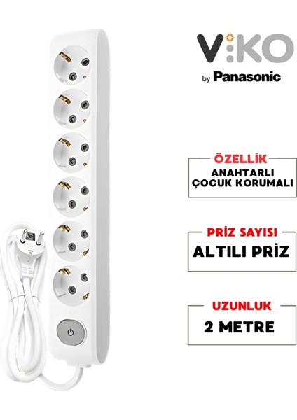 | Altılı Grup Priz, Anahtarlı Topraklı - Çocuk Korumalı Çoğaltıcı Priz [Altılı, 2 Metre, Beyaz] fiyatları