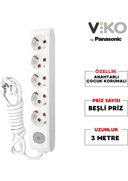 Beşli Grup Priz Anahtarlı Topraklı - Çocuk Korumalı Çoğaltıcı Priz 5'li 3 m Beyaz fiyatları