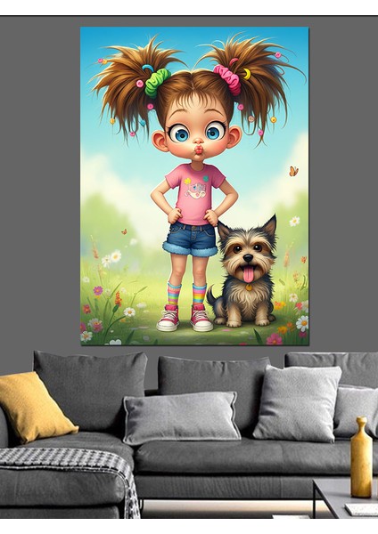 Sevimli Kız ve Köpek Dekoratif Kanvas - Mdf Ahşap Tablo