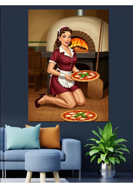 Pizzacı Kadın ve Fırın Dekoratif Kanvas - Mdf Ahşap Tablo