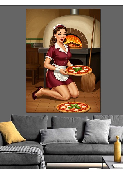 Pizzacı Kadın ve Fırın Dekoratif Kanvas - Mdf Ahşap Tablo