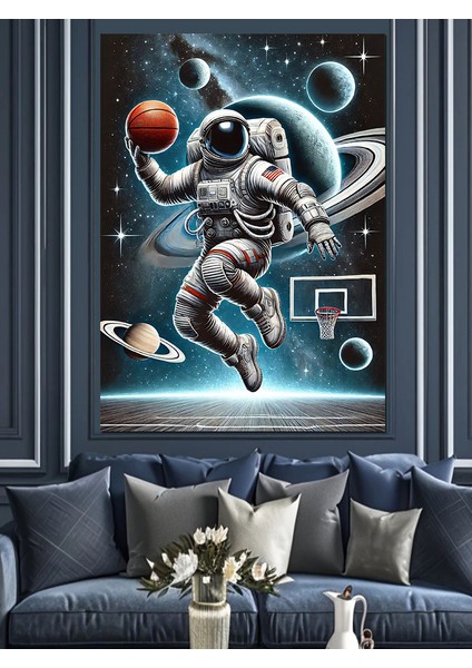 Basketbol ve Astronot Dekoratif Kanvas - Mdf Ahşap Tablo