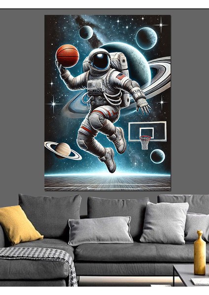 Basketbol ve Astronot Dekoratif Kanvas - Mdf Ahşap Tablo